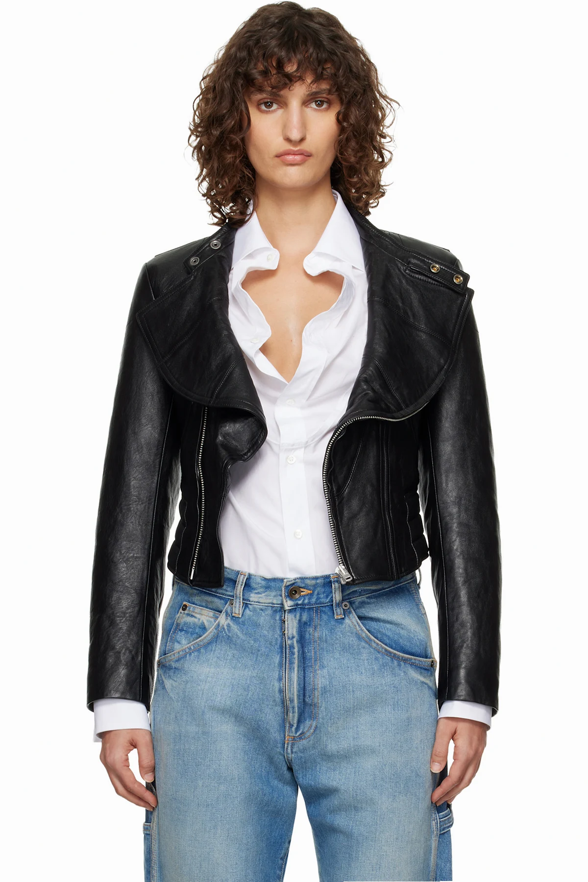 Black Folded Collar Leather Jacket