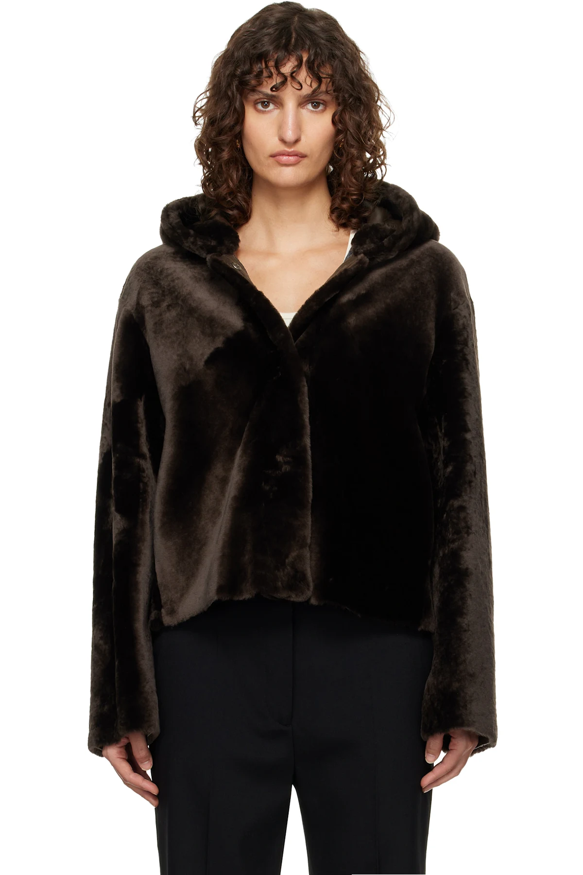 Brown Cooper Hooded Curly Shearling Jacket