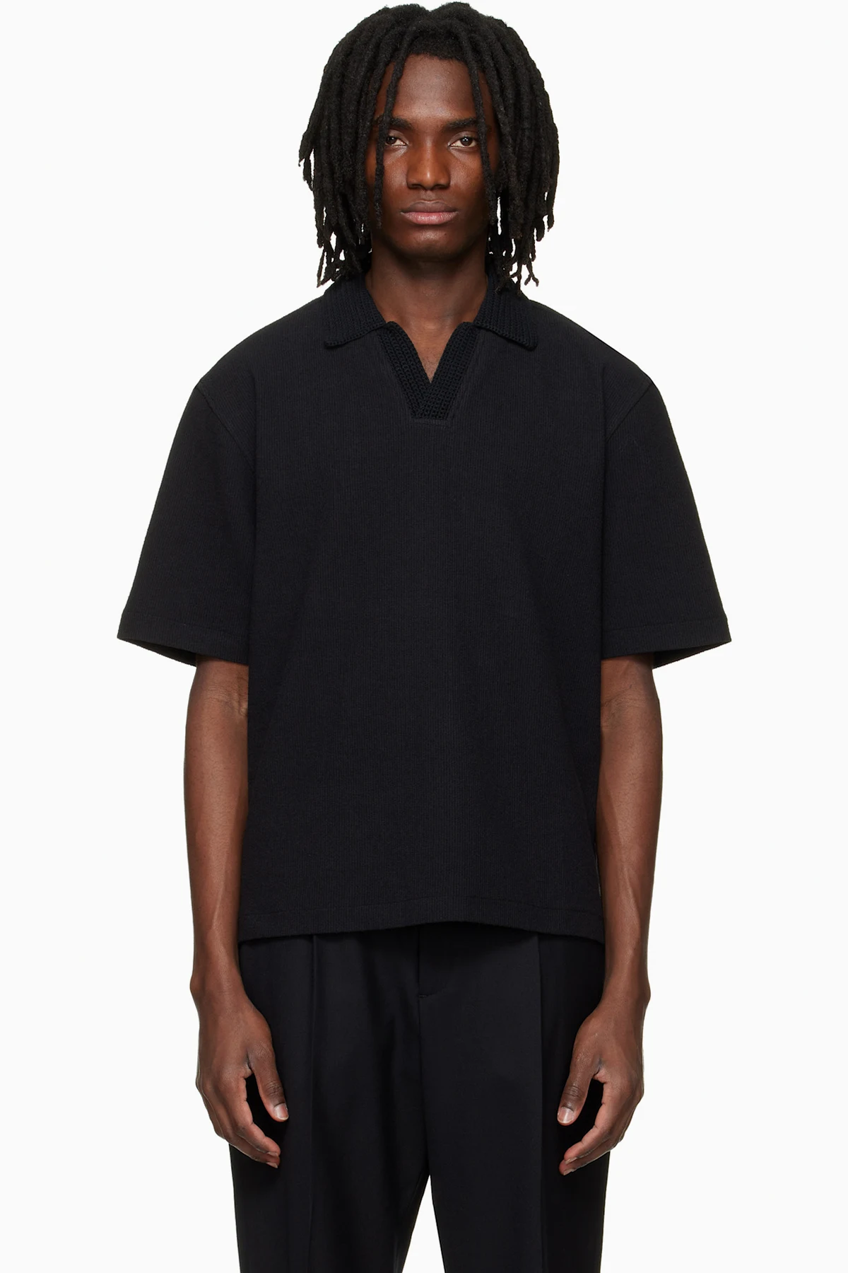 Black Knit Collared Short-Sleeve Polo