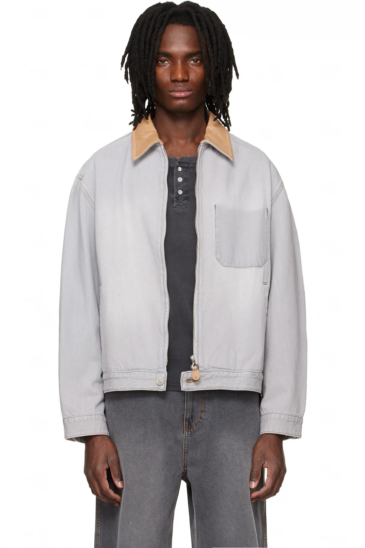 Gray Leather Collared Denim Trucker Jacket
