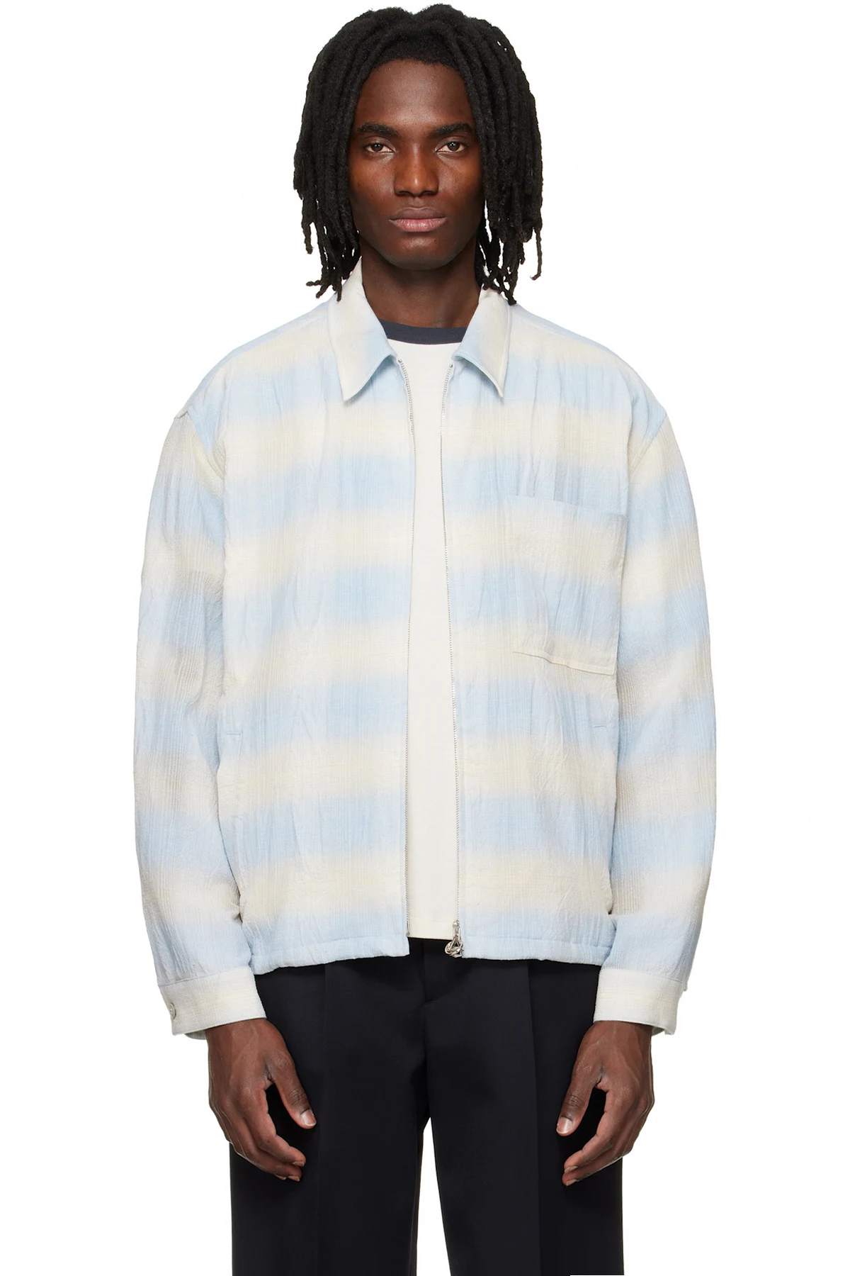 Blue & Beige Striped Zip-Up Shirt