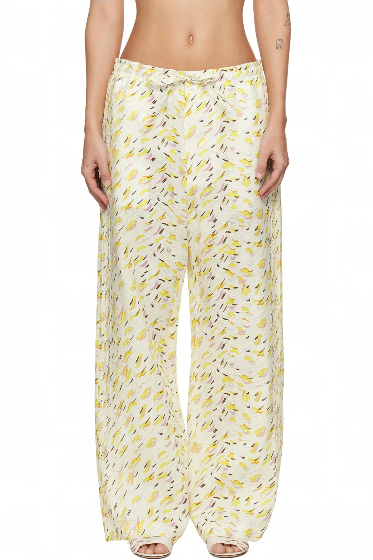 Yellow Linen 'Brushstroke Wave' Print Trousers
