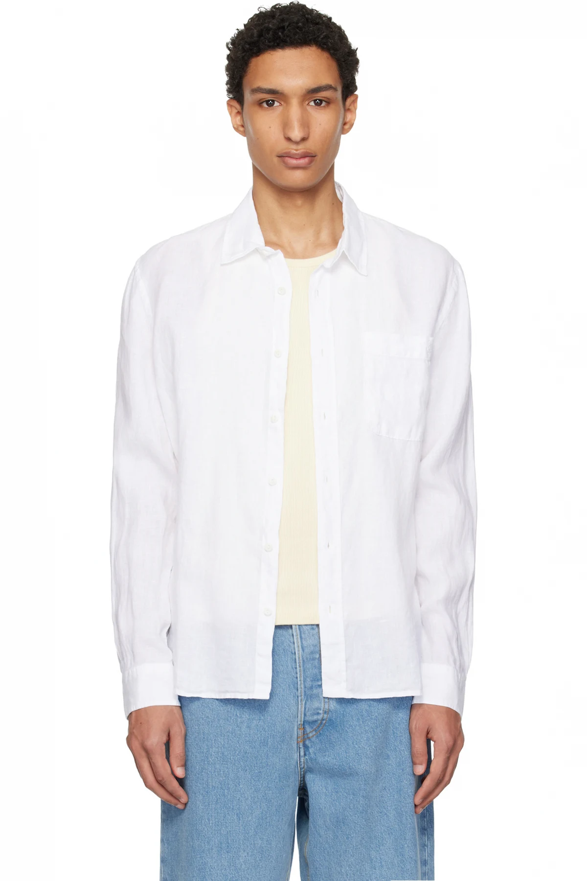 White Relaxed Linen Long Sleeve Shirt