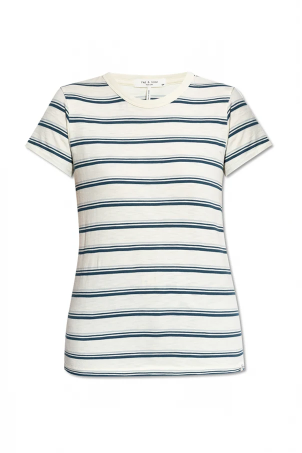 kremowy T-shirt ze wzorem w pasy