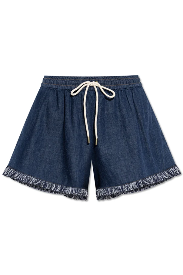 GRANATOWY Jeansowe szorty z frędzlami