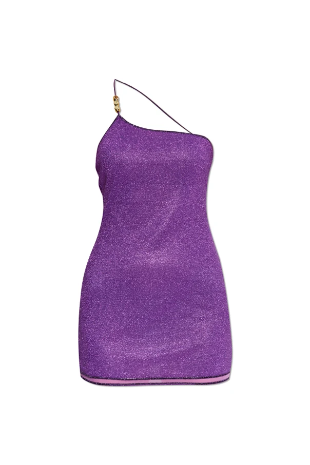 FIOLETOWY Sukienka wykończona nicią lureksową