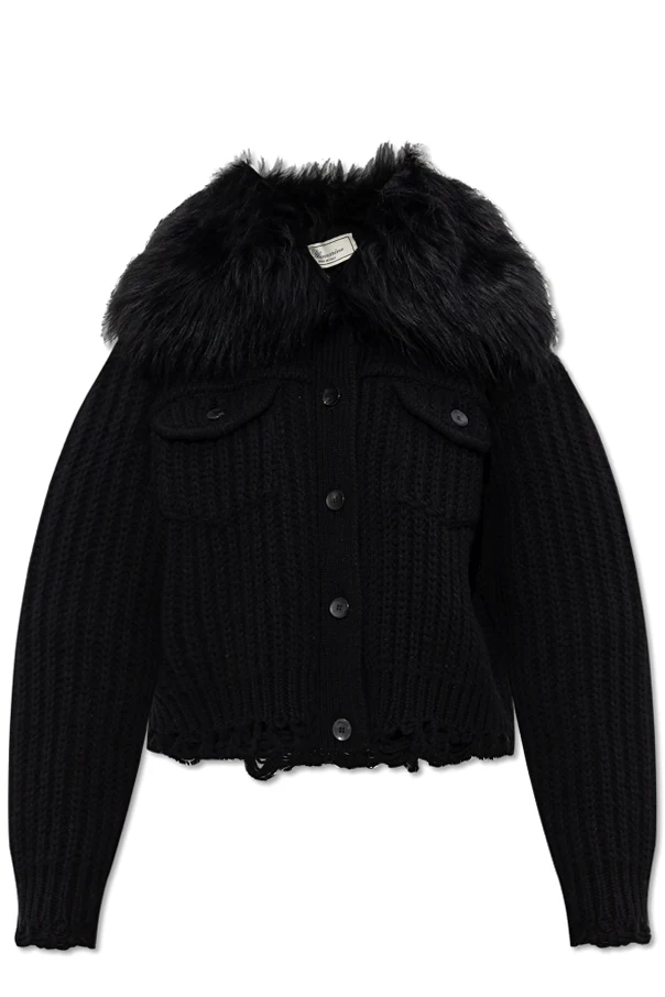 SCHWARZ Strickjacke mit Pelzbesatz