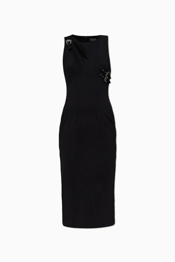 BLACK Dress with decorative appliqué and slit