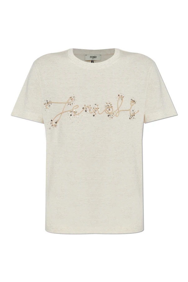 kremowy T-shirt z połyskującymi aplikacjami