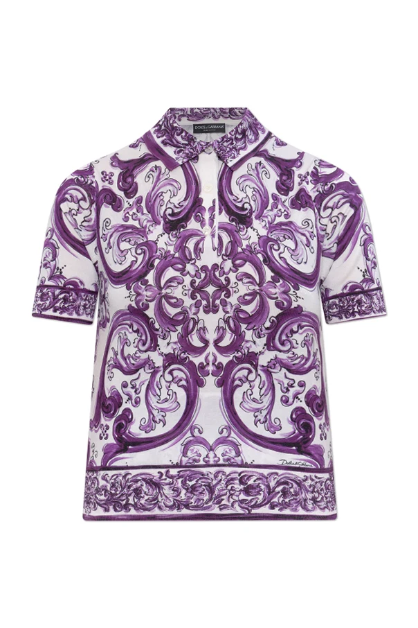 LILA Seiden-Poloshirt mit Print "Majolica"