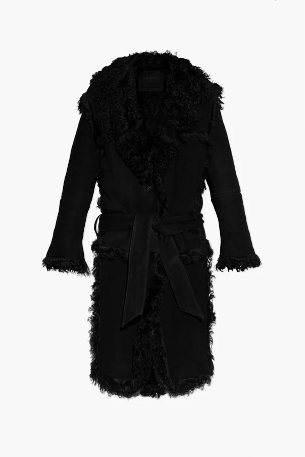 SCHWARZ Mit Gürtel gebundener Lammfellmantel