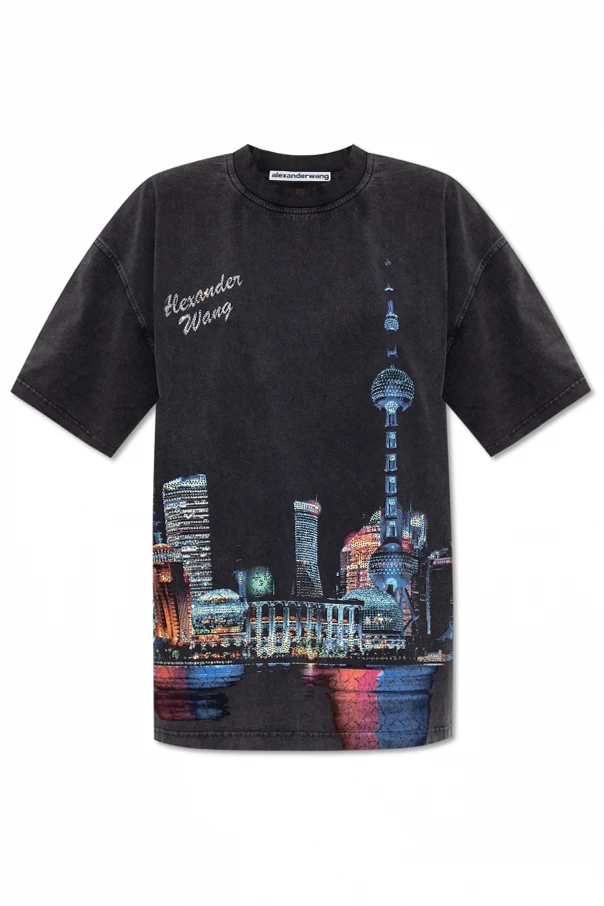 CZARNY T-shirt z nadrukiem i połyskującymi aplikacjami