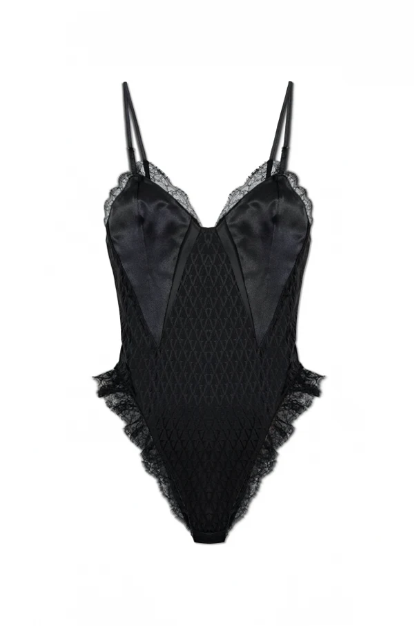 SCHWARZ Body mit Spitzenbesätzen