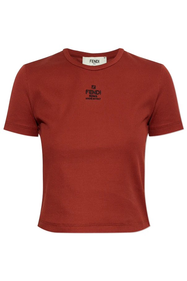 BRĄZOWY Prążkowany t-shirt z wyszytym logo