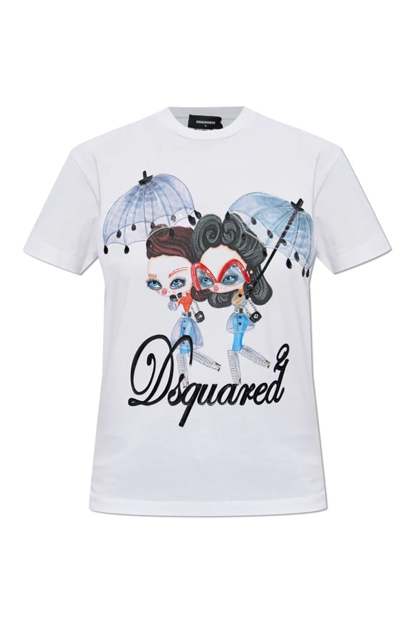 BIAŁY  T-shirt z nadrukiem i połyskującymi aplikacjami
