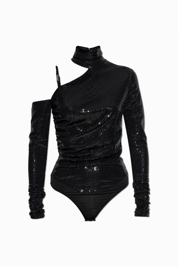 SCHWARZ Pailletten-Body mit Stehkragen