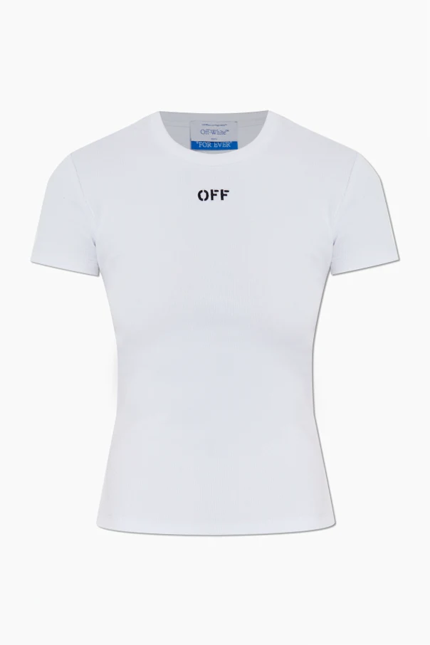 WEISS Geripptes T-Shirt mit aufgesticktem Logo