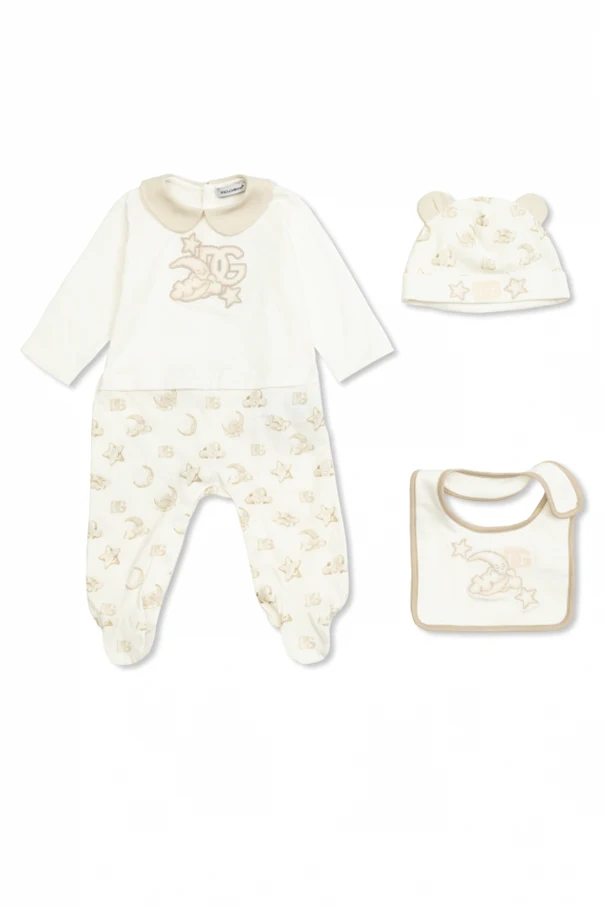 cream Set: hat, bib, and bodysuit