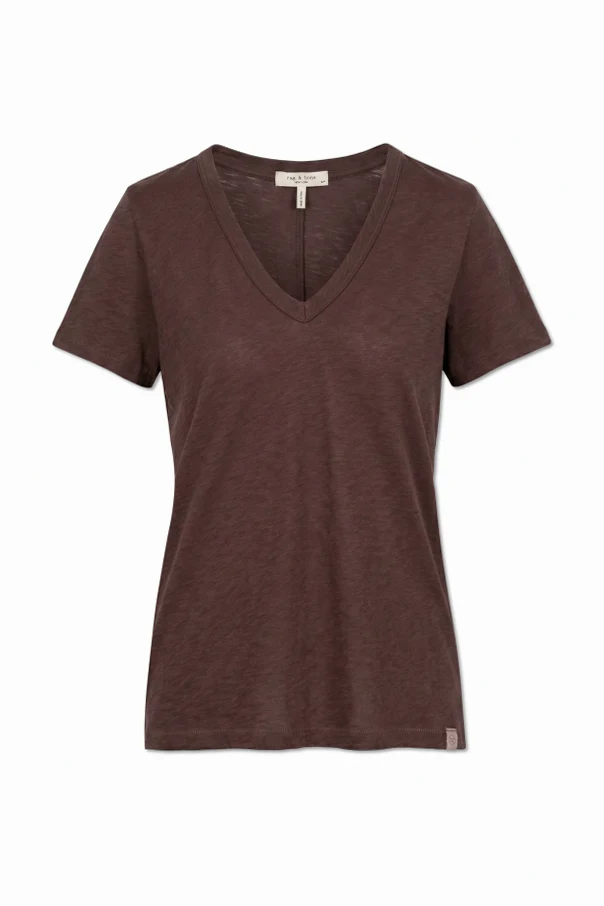 BRĄZOWY T-shirt z dekoltem w serek