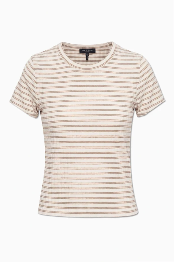 kremowy T-shirt ze wzorem w pasy