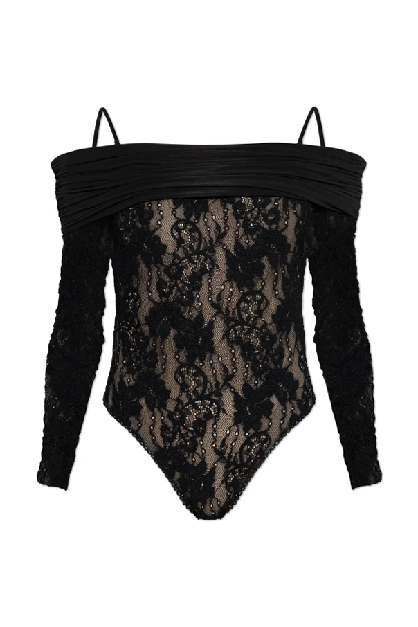 SCHWARZ Spitzenbody mit langen Ärmeln