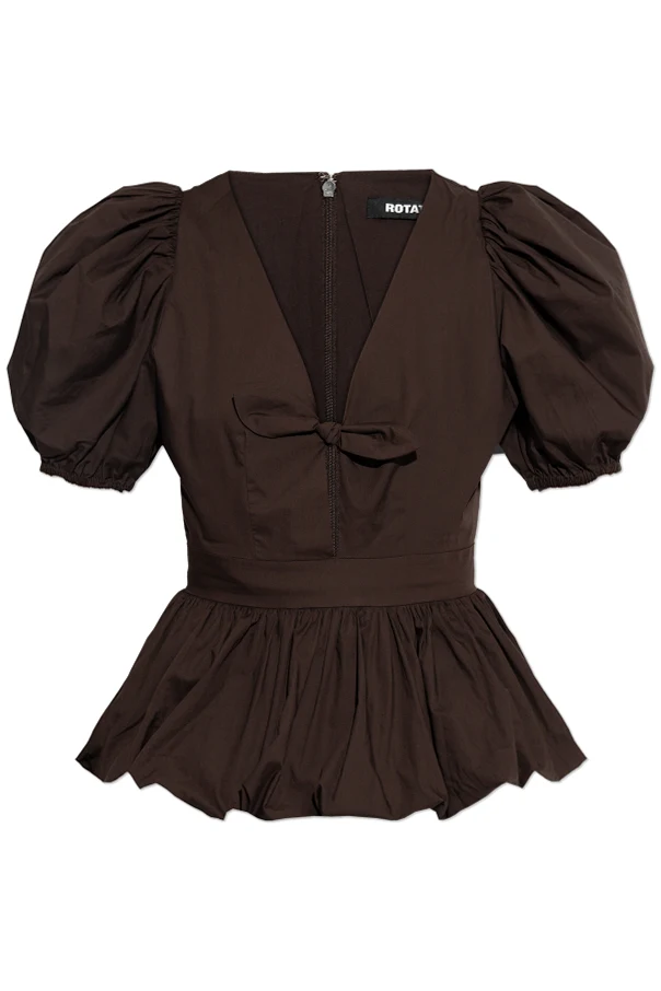 BRĄZOWY Top z bufiastymi rękawami