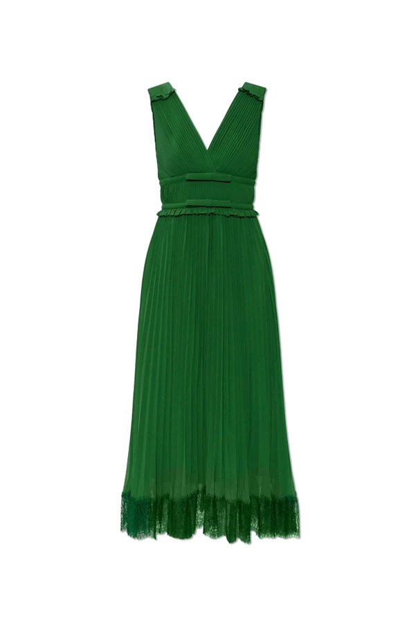 GREEN Pleated dress with lace trim