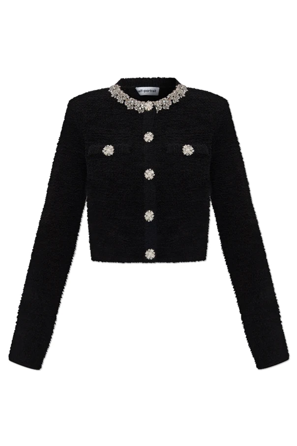 CZARNY Kardigan z połyskującymi kryształami przy dekolcie
