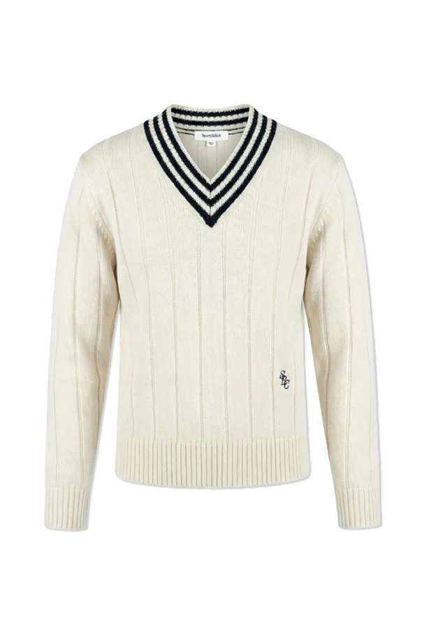 kremowy Kaszmirowy sweter z dekoltem w serek