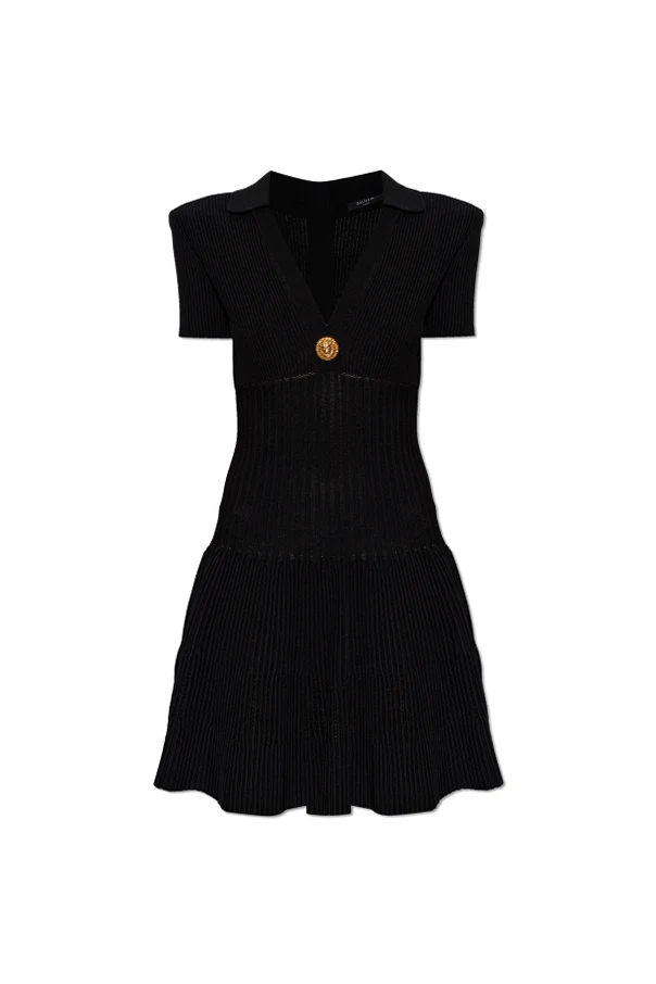 SCHWARZ Geripptes Kleid mit Schulterpolstern