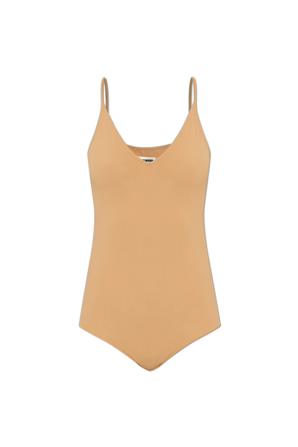 beżowy Body na ramiączka z dekoltem w serek