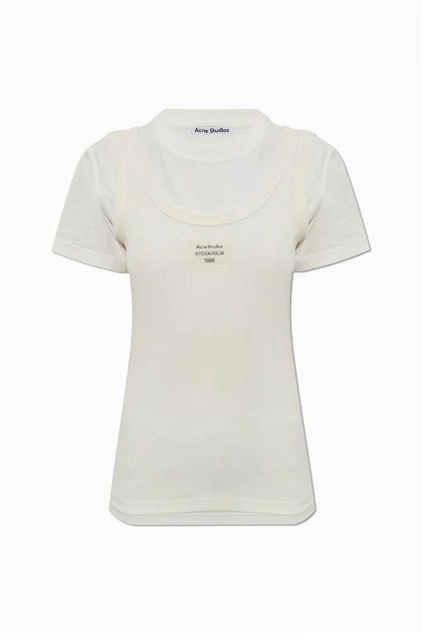 kremowy T-shirt z naszywką z logo