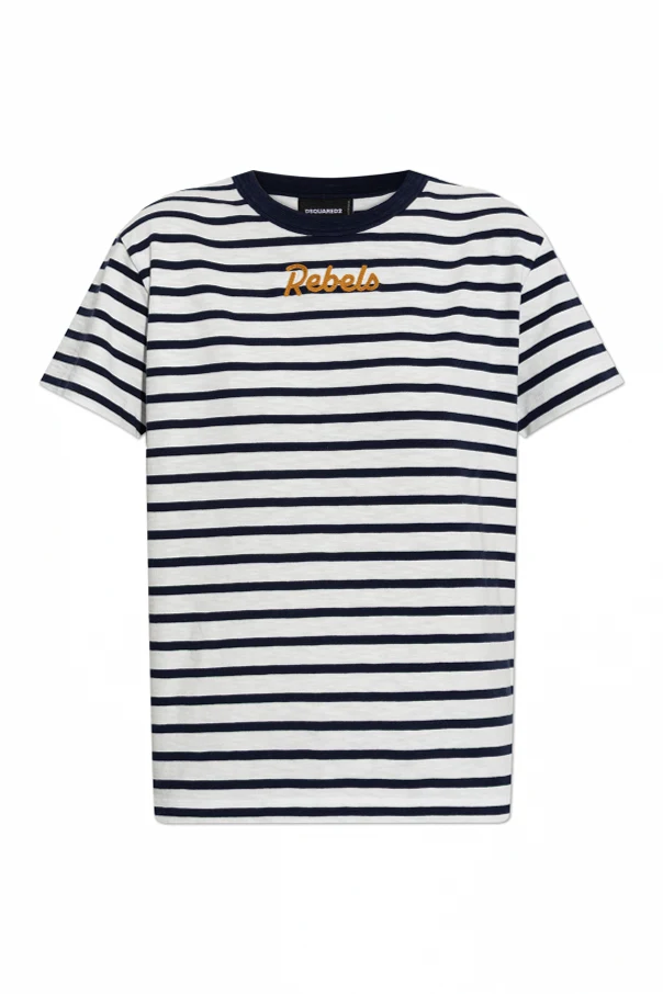 GRANATOWY T-shirt ze wzorem w pasy