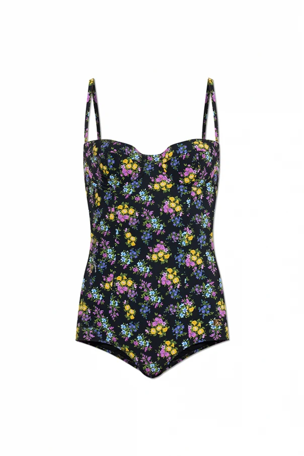 CZARNY Jednoczęściowy kostium kąpielowy z motywem kwiatowym