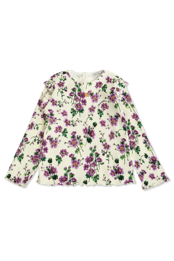 cream Ribbed top with floral motif