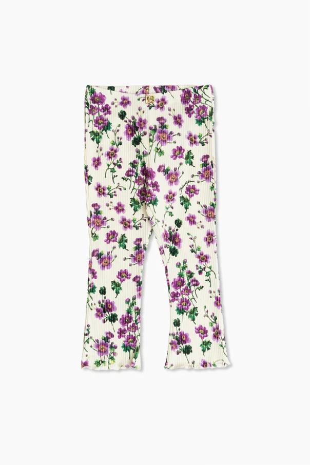 beige Striped trousers with floral motif
