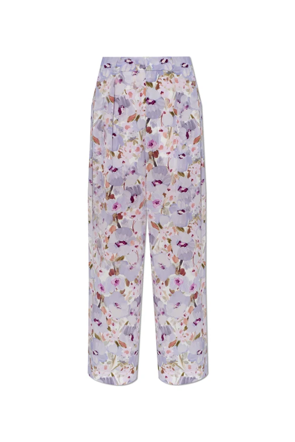 PURPLE Silk pants with a floral motif