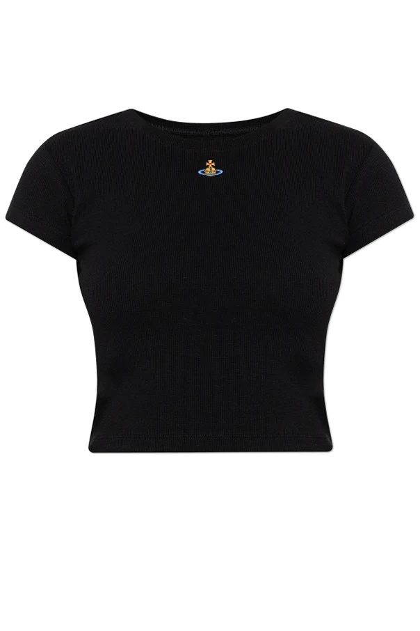 CZARNY Prążkowany t-shirt z logo