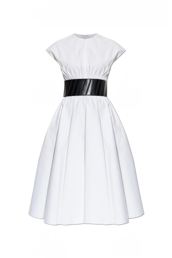 WEISS Kleid mit Ledergürtel in der Taille