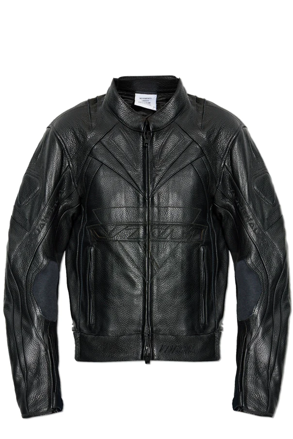 CZARNY Ocieplana kurtka skórzana z logo