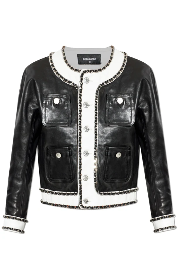 CZARNY Skórzana kurtka z połyskującymi aplikacjami