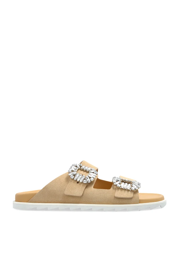 beige Suede slip-ons with shimmering appliqués