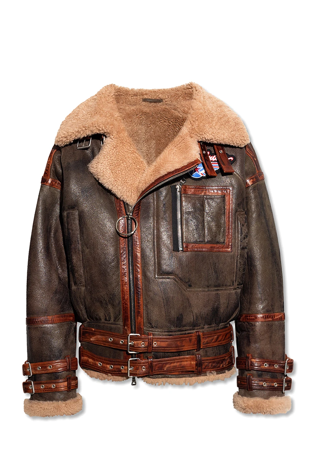 Shearling coat with straps