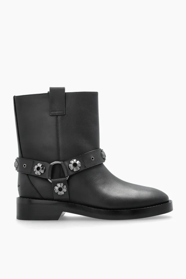 CZARNY Skórzane botki z aplikacjami