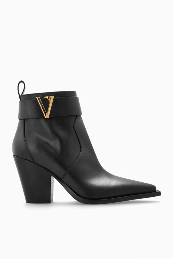 CZARNY Skórzane botki na obcasie