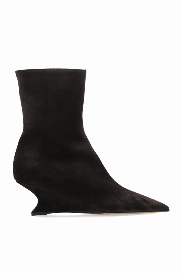 BRĄZOWY Zamszowe botki `Nina` na koturnie