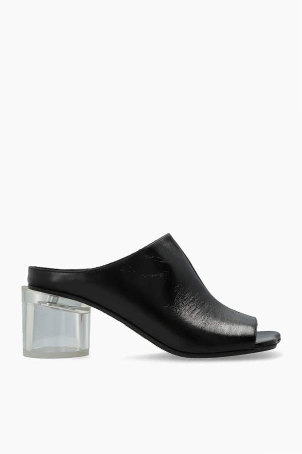 CZARNY Skórzane klapki na obcasie