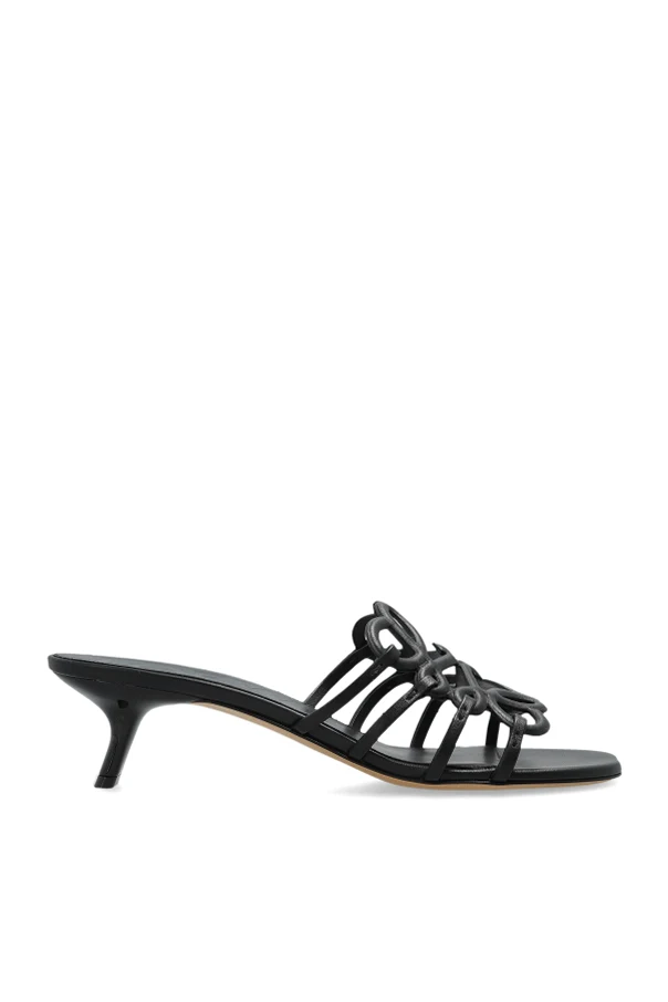 CZARNY Skórzane klapki na obcasie ‘Petal Anagram’