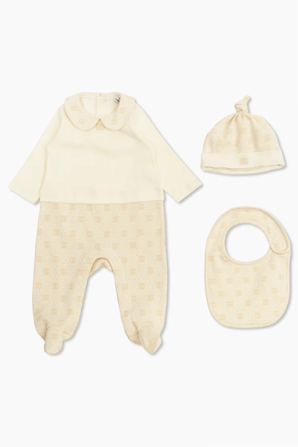 CREME Set: Baby-Strampler, Mütze, Lätzchen