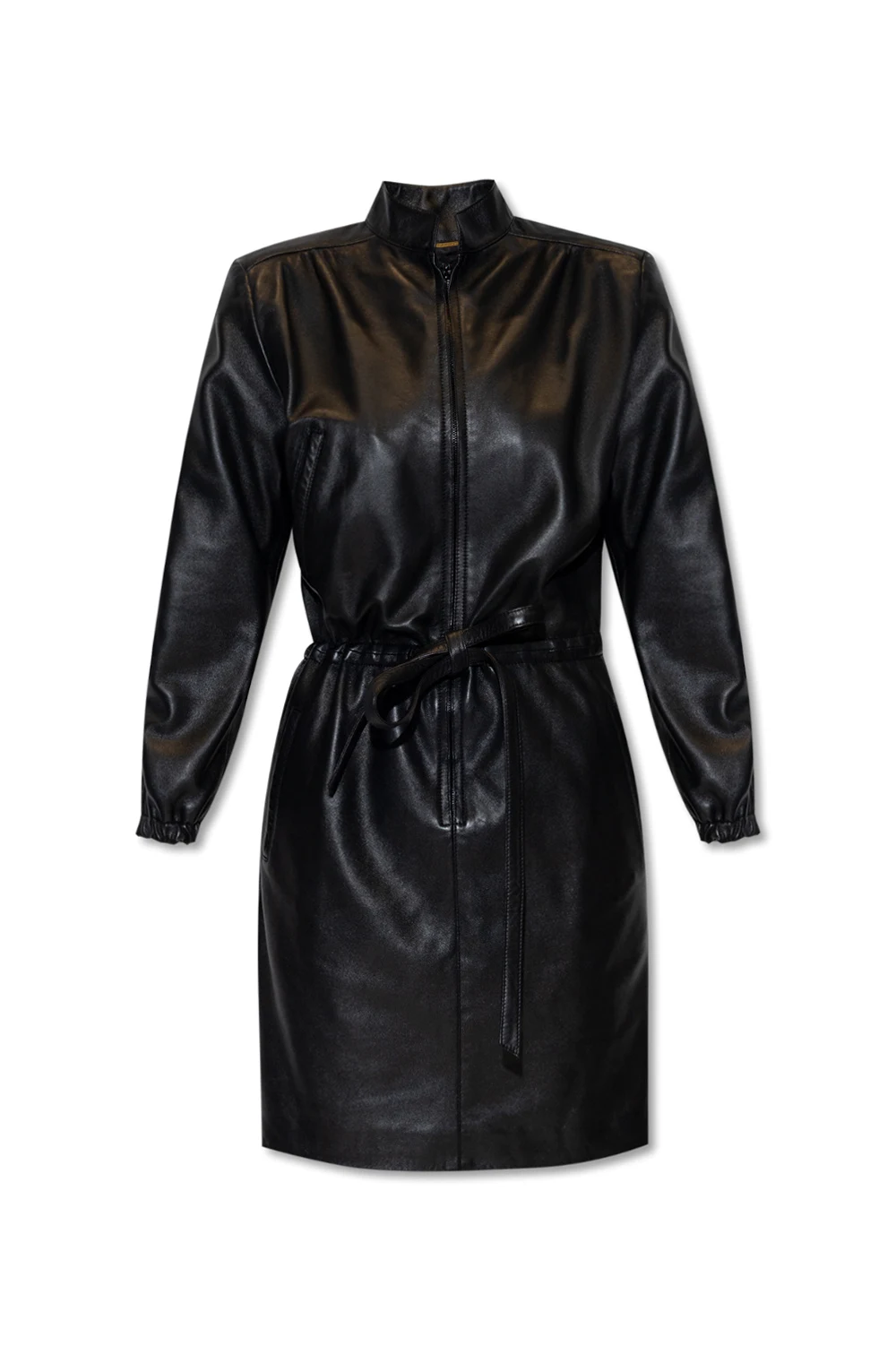 Leather dress with stand collar